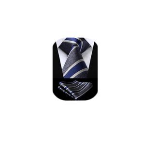6597 Grey Ties Formal Blue Stripe Ties and Pocket Square Set Handkerchief